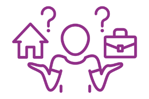 A person holds a house and a briefcase, surrounded by question marks, symbolizing choices in motherhood and career.