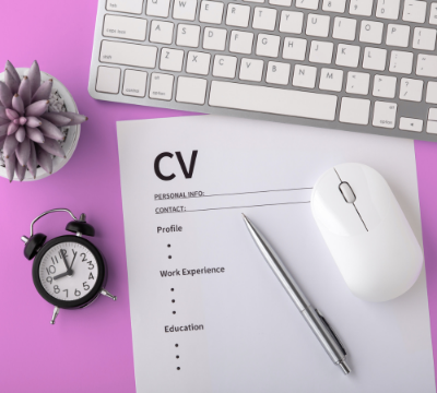 CV resume displayed on a vibrant pink background, showcasing professional details and personal branding.