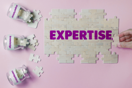 The word "expertise" surrounded by colorful jigsaw pieces, symbolising the interconnectedness of knowledge and skills.