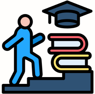 A man ascends stairs carrying books and wearing a graduation cap, symbolising academic achievement and progress.