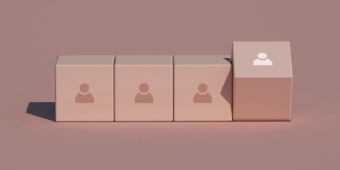 A diverse group of people standing on a pink cube, collaborating to enhance and streamline the recruitment process.