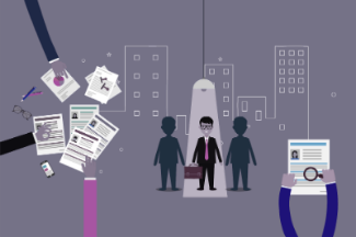 A man with a clipboard is surrounded by a group, assessing CVs and job applications in an efficient recruitment setting.