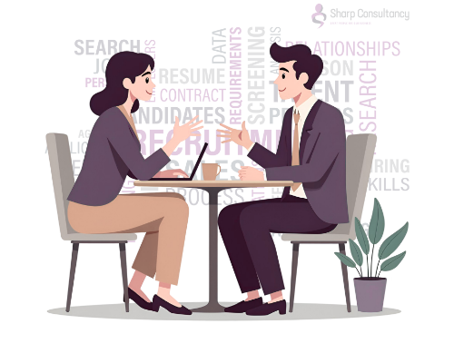 A man and woman engaged in a job interview, with the candidate presenting their accountancy CV to the recruitment consultant.