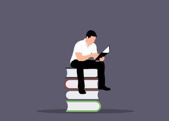 A man sitting atop a stack of books, symbolising the expertise of recruitment consultants in knowledge and guidance.