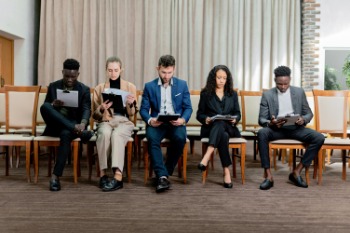 A shortlist of interview candidates sitting on chairs, each focused on their papers as they await their interviews.