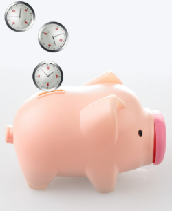 A piggy bank with a clock on top, representing the idea of saving time while saving money.