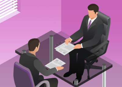 Illustration of two men at a table, one interviewing the other for a finance position during a second job interview.
