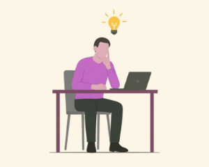 A man at a desk with a laptop, brainstorming ideas for a job interview, with a light bulb glowing above him.