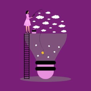 A woman is fishing from a light bulb, blending creativity and whimsy in a surreal, imaginative scene.