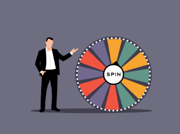 A man in a suit stands beside a colorful lottery wheel labeled "Spin," ready to engage participants in the game.