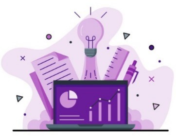 purple graphic, showing a lightbuln, paper, a pen, a ruler and a laptop with a barchart and pie chart on it.