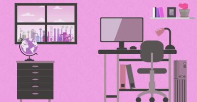 Bright pink room with an accountant's desk, chair, and computer, offering a cheerful work environment.