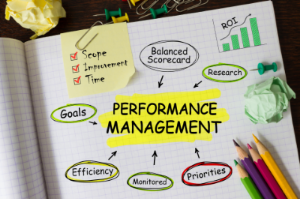 Notebook with performance management concepts written in notes, illustrating strategies for effective team evaluation.