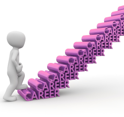 white cartoon figure man walking up a 'career ladder'
