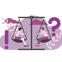 Two people on swings, discussing finance interview strategies, with question marks illustrating their thoughtful conversation.