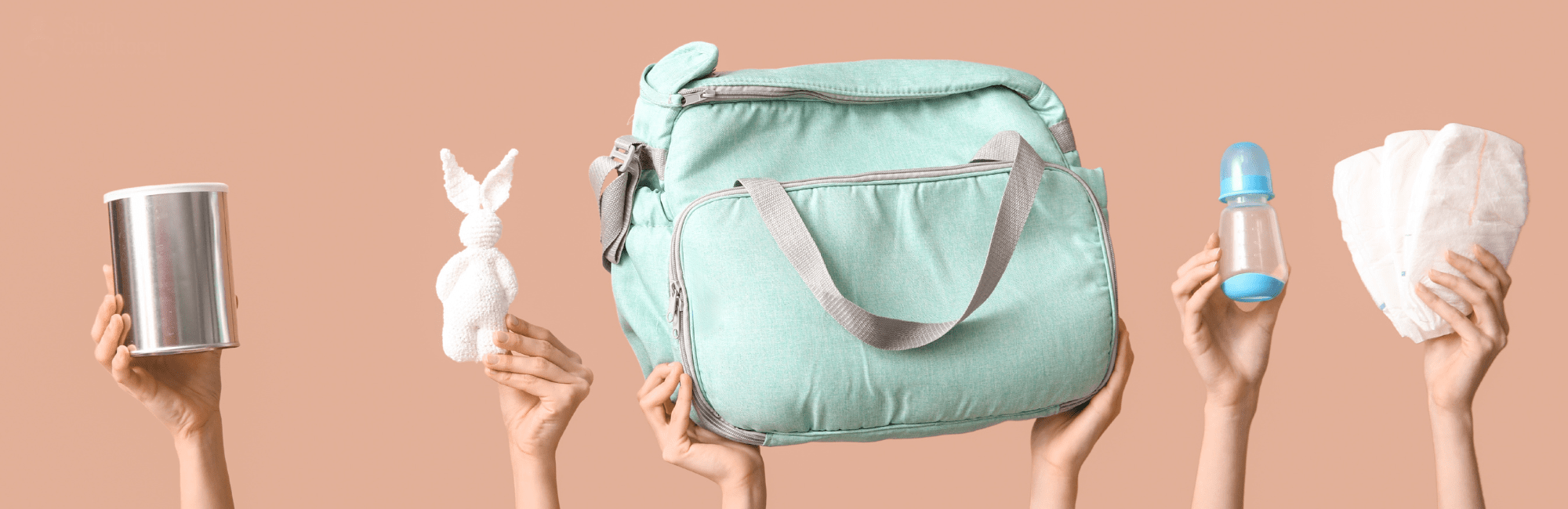 Hands hold a green bag containing a bottle, toothbrush, and various personal care items.