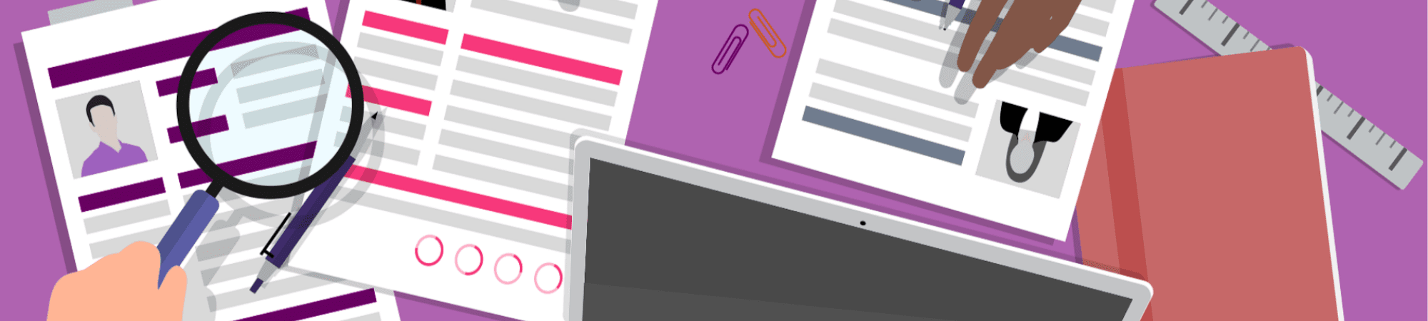 A recruitment consultant examines a resume with a magnifying glass, surrounded by three accountants' CVs on a purple background.