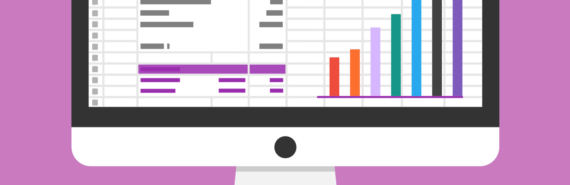 Graphic of a PC monitor screen showing vague stats on it in the form of a bar chart on a purple background.