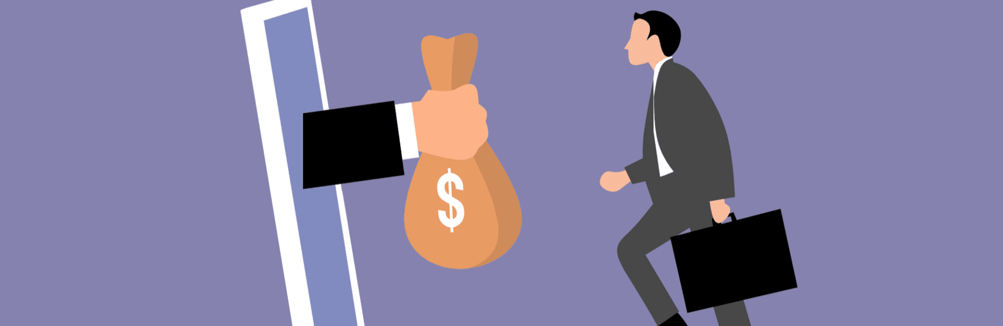 A businessman holds a money bag while using a laptop, representing his acceptance of a job offer at a successfully negotiated salary.