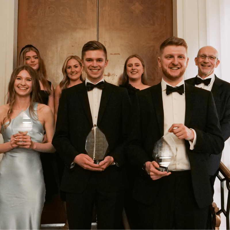 An image capturing the moment at the Queens Hotel in Leeds, showcasing the accomplished winner and finalists of Sharp Consultancy's Young Accountant of the Year 2025 Awards.
