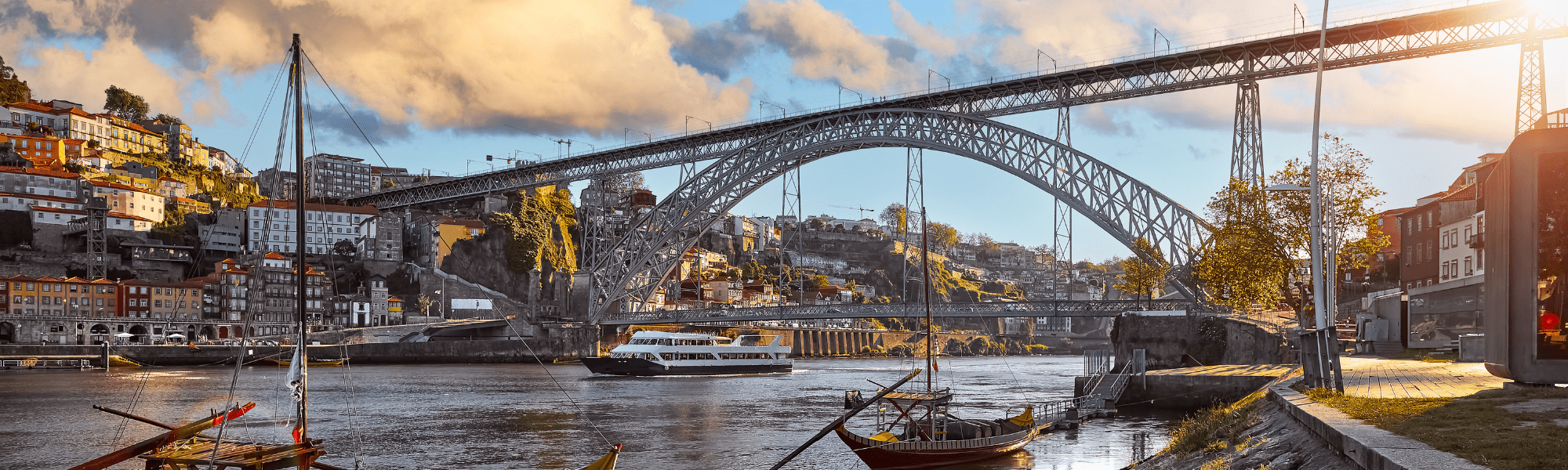 Scenic view of Porto, Portugal, showcasing its historic architecture, the Luis I Bridge and vibrant waterfront along the Douro River.